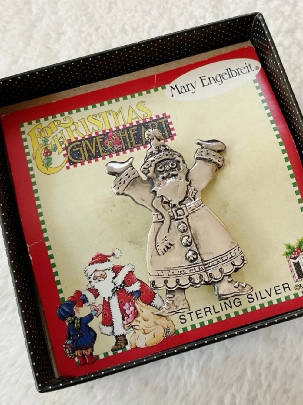 Mary Engelbreit Sterling Silver 925 Santa Brooch Pin w Box Christmas VTG